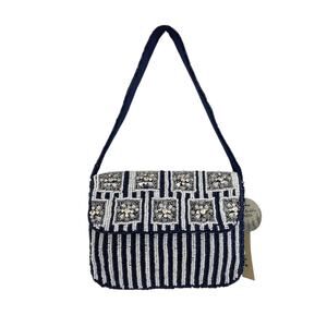Studio 12 Navy Blue & White Rhinestone & Beaded Striped Shoulder Bag